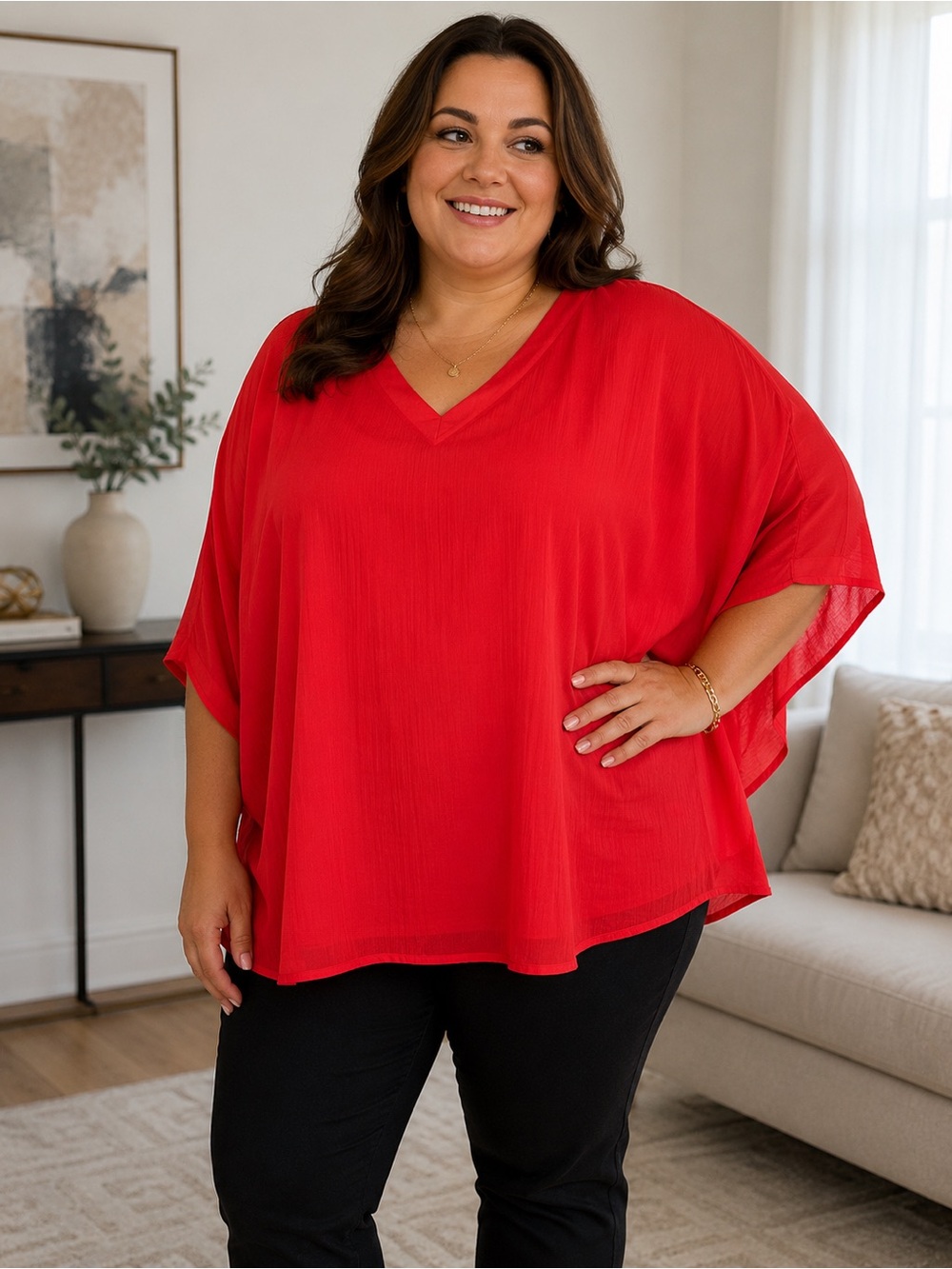 Plus Size V-Neck Red Tunic Top